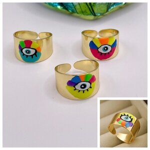 Boho Evil Eye Enamel and Copper Adjustable Ring #1300 YELLOW MULTI